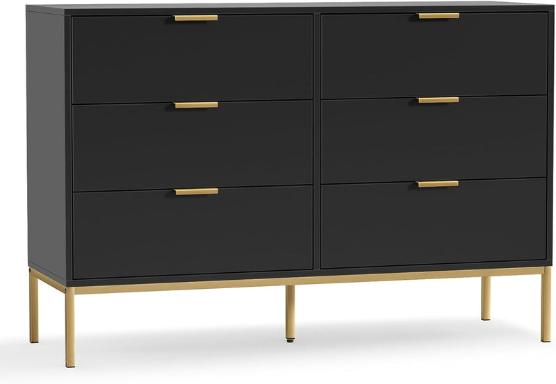 Black Dresser for Bedroom, Modern 6 Drawer Dresser, Chest of Drawers Closet Organizers and Wood Storage Clothes, White Dresser with Golden Handles for Living Room, Hallway C1