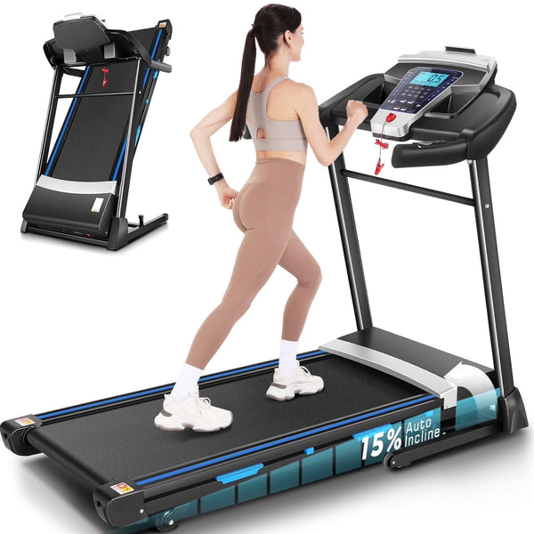 ANCHEER Folding Treadmill with 15% Auto Incline,3.25HP Ultra-silent Motor, Speed Range of 0.6~10MPH,300lb Capacity, APP Bluetooth... O6