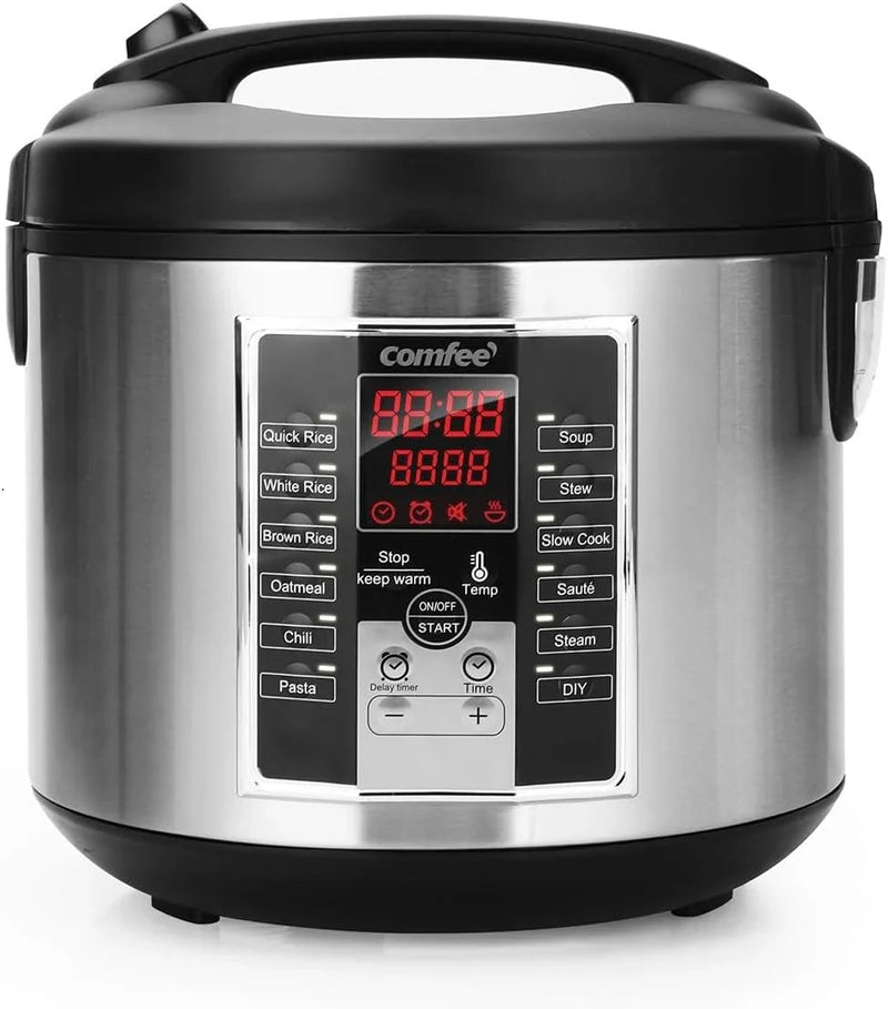 Compact electric rice cooker, 6-in-1 stainless steel multi-functional cooking utensil, slow cooker, steamer, frying pan, heater and warmer, 2-gallon capacity (8 cups cooked, 4 cups uncooked), suitable for brown rice, quinoa and oats, 6 one-button pro M0