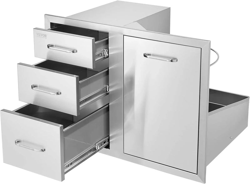 Pull Out Trash Drawer 13.4"W x 25.7"H x 19.6"D Lower Sliding Rails Stainless Steel Roll Out Trash Bin Pull Out Tray Outdoor Kitchen Trash Drawer with Handle for BBQ Island Grill Station L9