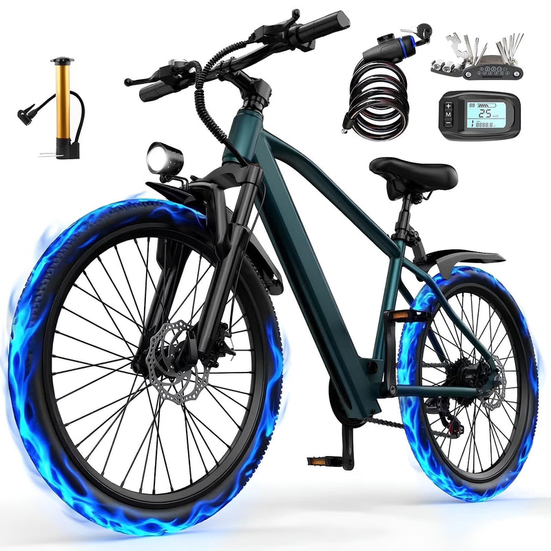 26 in Electric Bike for Adult,400W Motor,Top Speed 25MPH,40Miles Long Range,City Commuting E-bicycle With Front Fork Suspension, Dual Disc Brakes E6