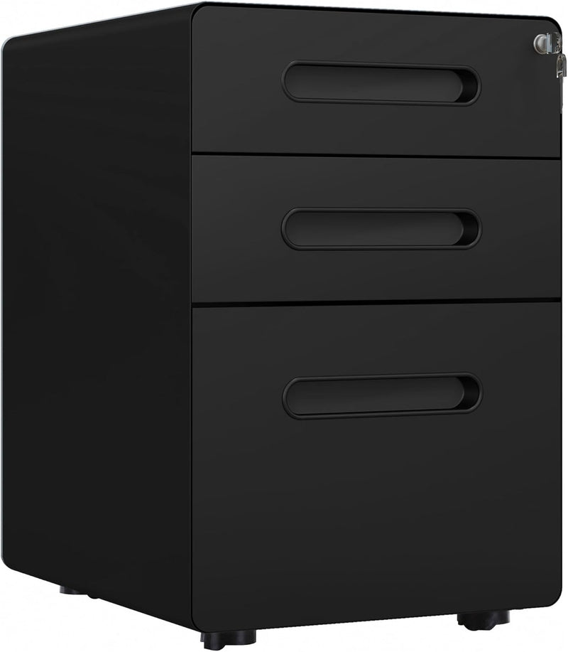 3 Drawer Vertical Filing Cabinet with Lock and Wheels, Under Desk Mobile File Cabinet for Legal, A4, Letter Size, Steel Frame for Home Office, Black R4