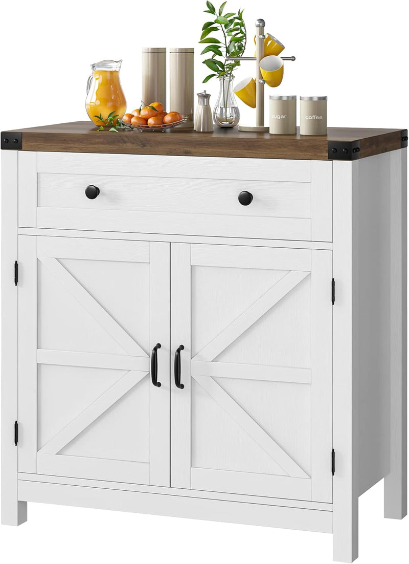 Coffee Bar Cabinet, Kitchen Storage Cabinet, Modern Farmhouse Buffet Sideboard with Drawer and Adjustable Shelf, Barn Door Accent Cabinets for Kitchen, Dining Room, Entryway, White Z5