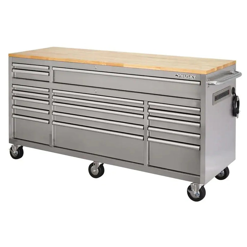 72 in 18-Drawer 24 in. D Mobile Workbench with Solid Wood Top Stainless Steel K9