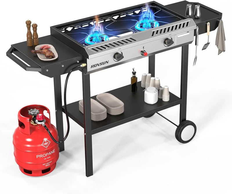 2 Burner Outdoor Propane Gas Stove with Griddle, Auto-ignition, Regulator & Side Shelves, 150,000 BTU Powerful Stand Cooker for Backyard Cooking Home Brewing Canning Frying Grilling U9