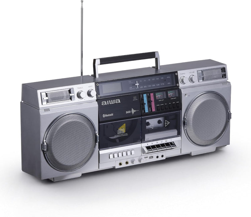 Retro-style portable CD player, featuring tape recording function, Bluetooth 5.0 technology, FM/AM radio, USB/SD/AUX input interfaces, VU meter, LCD display, dual 40-watt speakers - silver U9
