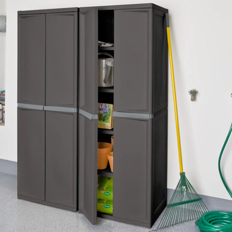 Storage Cabinet, Rugged Plastic Garage Organizer with Double Doors, 4 Adjustable Shelves, Gray Q8