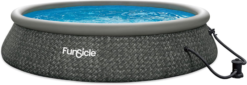 12 Foot by 36 Inch Quickset Round Inflatable Ring Top Outdoor Above Ground Swimming Pool Set with Pump and Cartridge Filter, Dark Herringbone C7