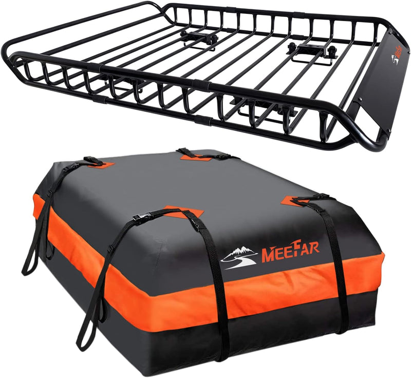 Roof Rack Carrier Basket Universal Rooftop 51" X 36" X 5" Waterproof Bag 15 Cubic Feet (44" 34" 17"), and Cargo Net with Attachment Hooks, Ratchet Straps G9