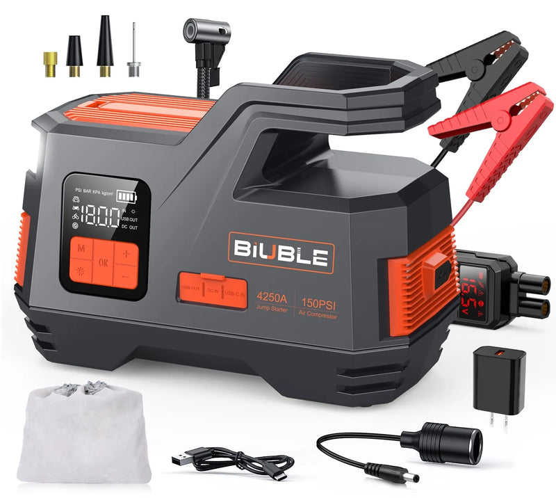 Car Jump Starter with Air Compressor, 4500A Peak 26800mAh 12V Auto with 150PSI Tire Inflator（up to All Gas or 10.0L Diesel Engine） P0