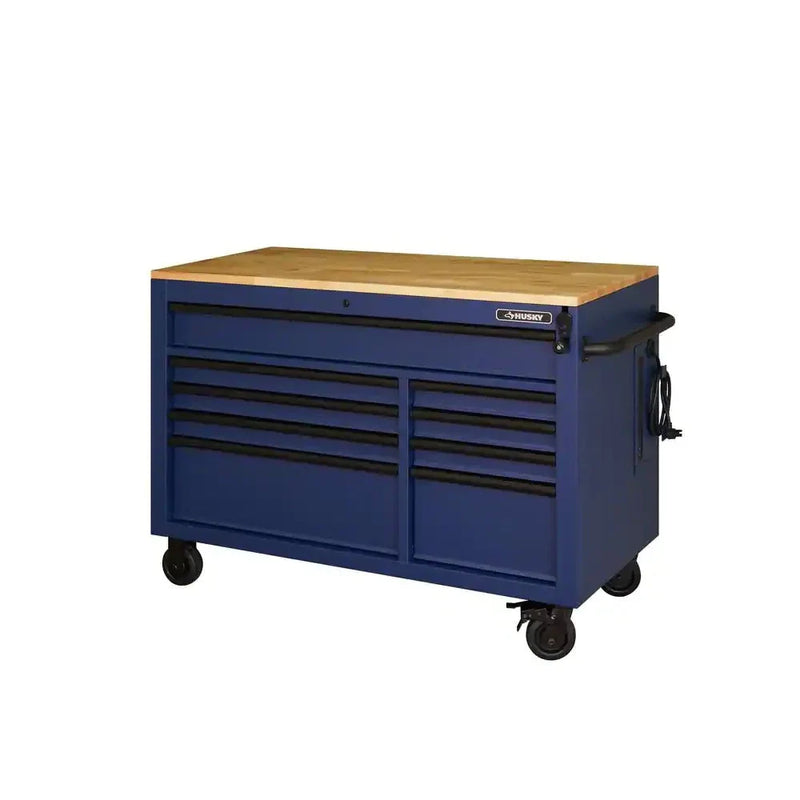 Heavy-Duty 52 in. 9-Drawer Mobile Workbench with Adjustable-Height Solid Wood Top in Matte Blue N8