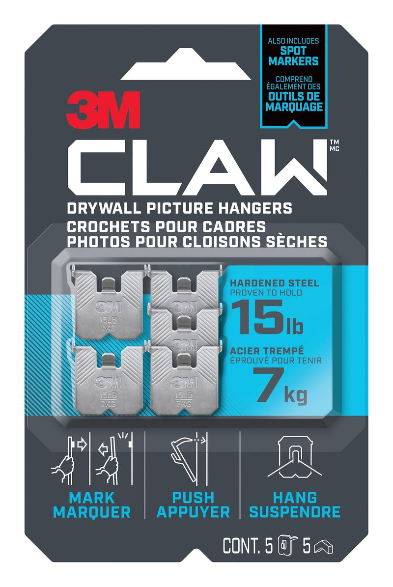 3M Claw DrywAll Picture Hanger, 15-lb Capacity, 5 Hangers per Pack N3