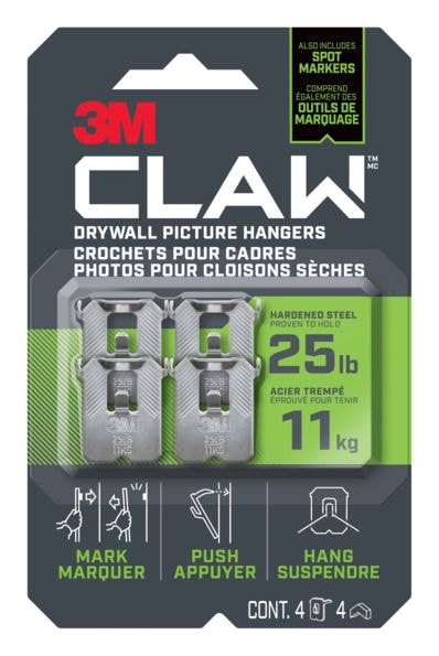 3M Claw DrywAll Picture Hanger, 25-lb Capacity, 4 Hangers per Pack Y7