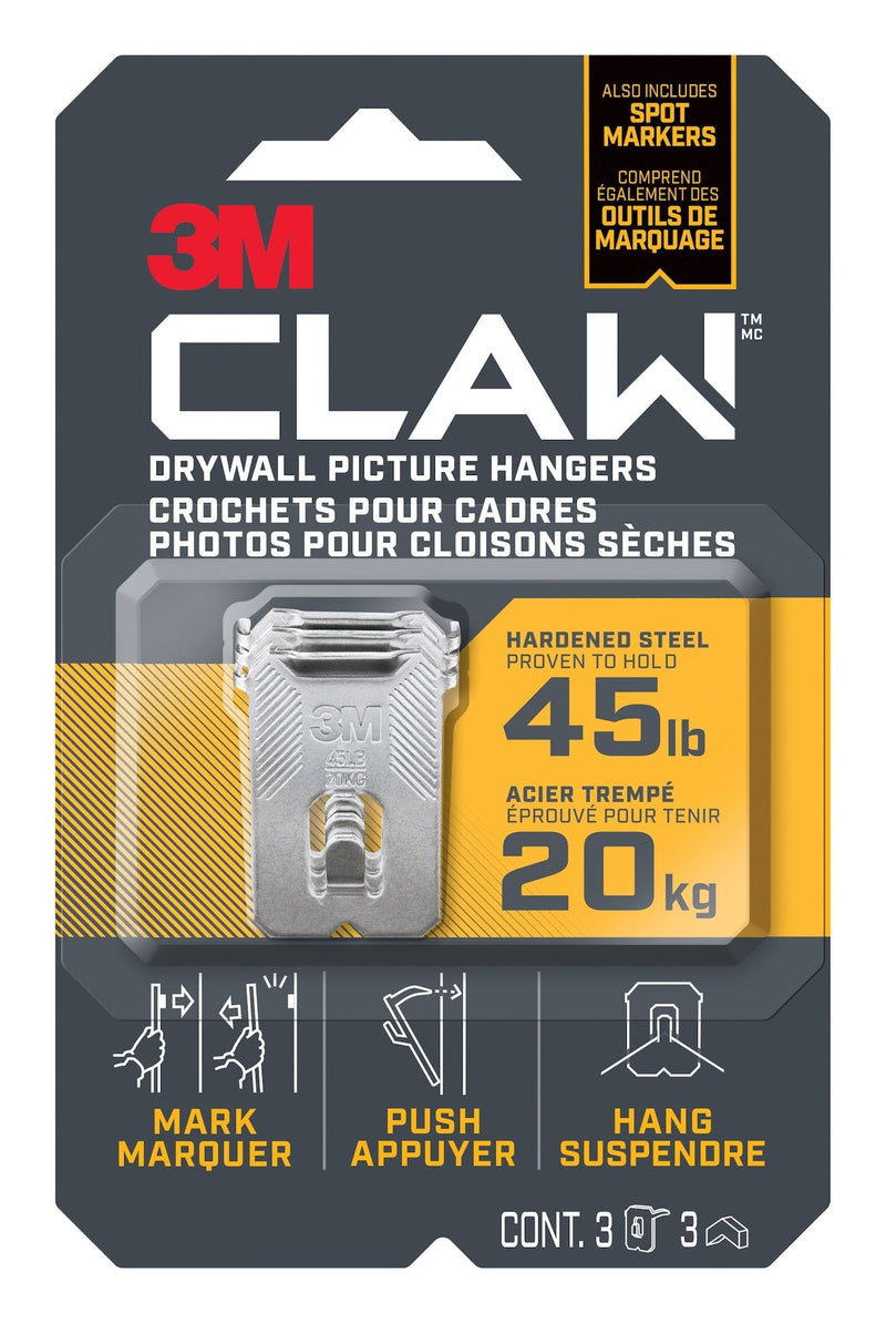 3M Claw DrywAll Picture Hanger, 45-lb Capacity, 3 Hangers per Pack X3