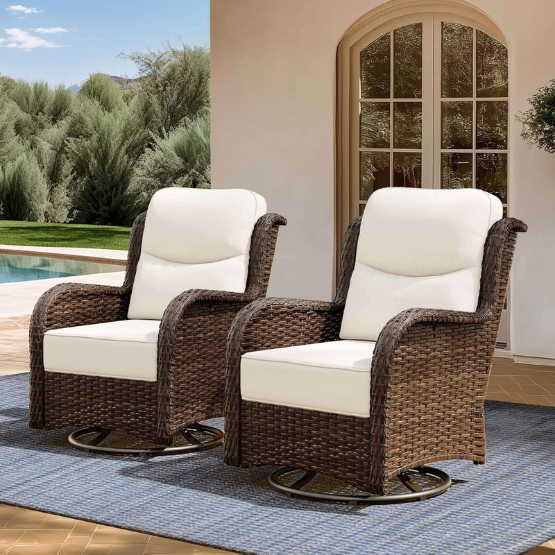 Outdoor Swivel Rocker Patio Chairs with 6-Inch Thick Cushions and Side Table, 3PCS High Back Wicker Patio Furniture Set for Porch, Balcony, Deck and Yard in Blue H2