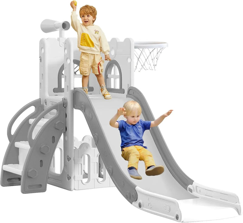 6 in 1 Toddler Slide for Toddler Age 1-3,Kids Climber Slider for Indoor Outdoor Playground with Basketball Hoop,Storage and Telescope,L Shaped Slide for Toddler Climber Playset L3