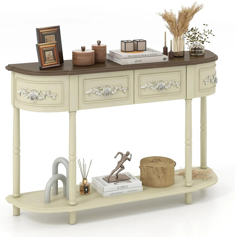 Retro game console table with drawer, 52-inch narrow sofa table with open shelves, table with storage function at the half-moon entrance, solid wood legs, entrance table for retro living room corridor, beige color scheme U2