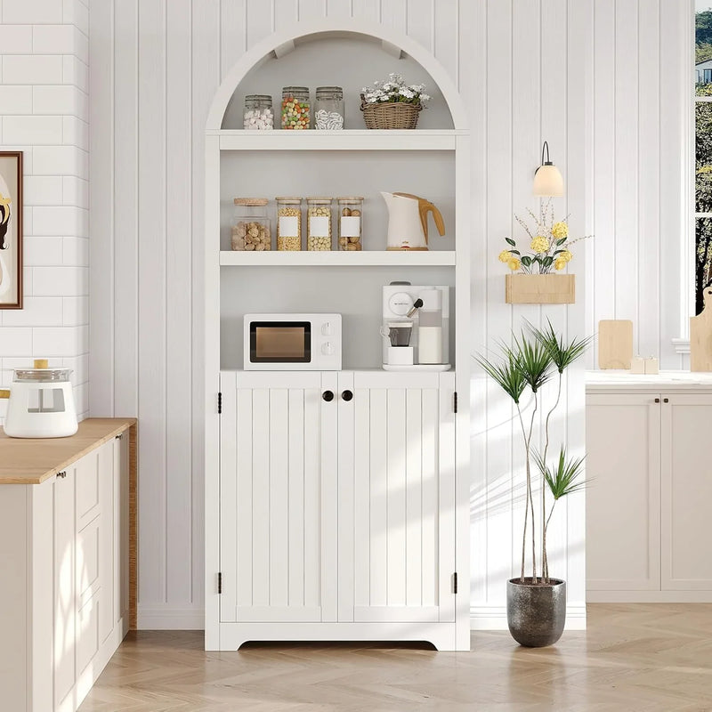 72'' Tall Farmhouse Bookcase, 5 Tier Arched Bookshelf with Double Doors & Adjustable Shelf, Display Storage Shelves, for Bedroom, Living Room, Home Office G0