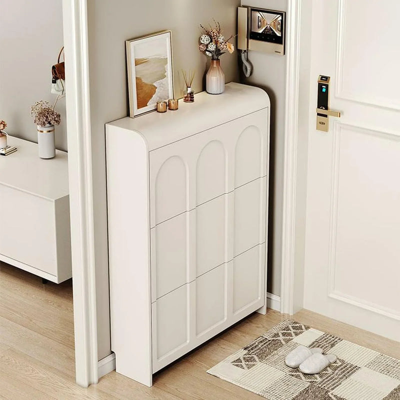 Narrow white artificial wooden shoe cabinet with door, modern entrance shoe rack, standalone hidden shoe cabinet E8