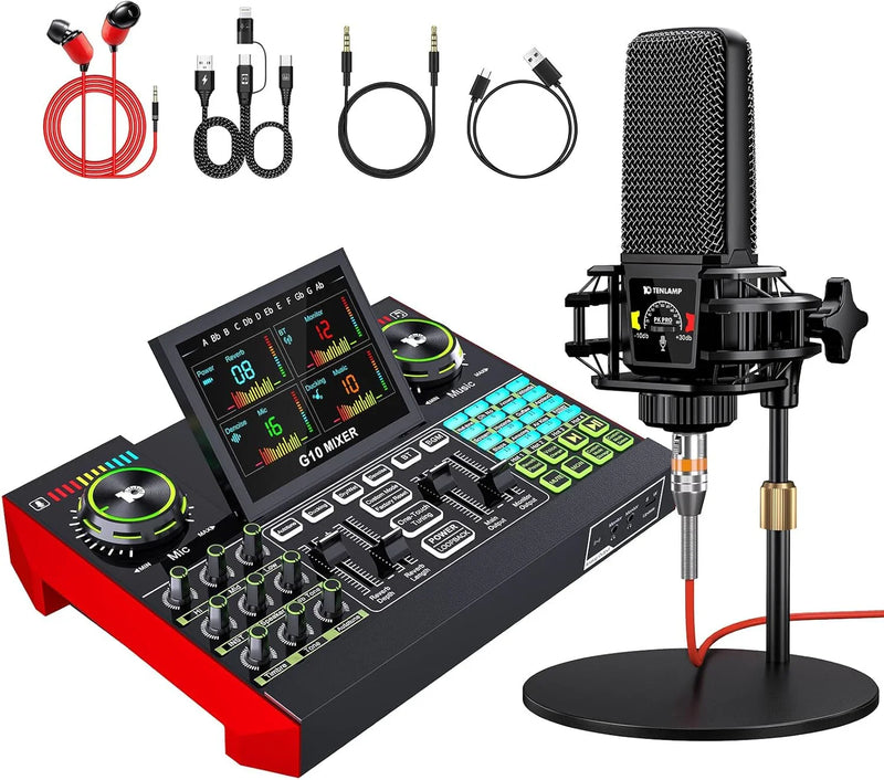 Podcast Equipment Bundle,with 3.5mm Condenser Microphone & Live Sound Card - Audio Mixer for Streaming, PC/Mobile Live Singing, Gaming Content Creators, Soundboard with USB Computer Interface A6