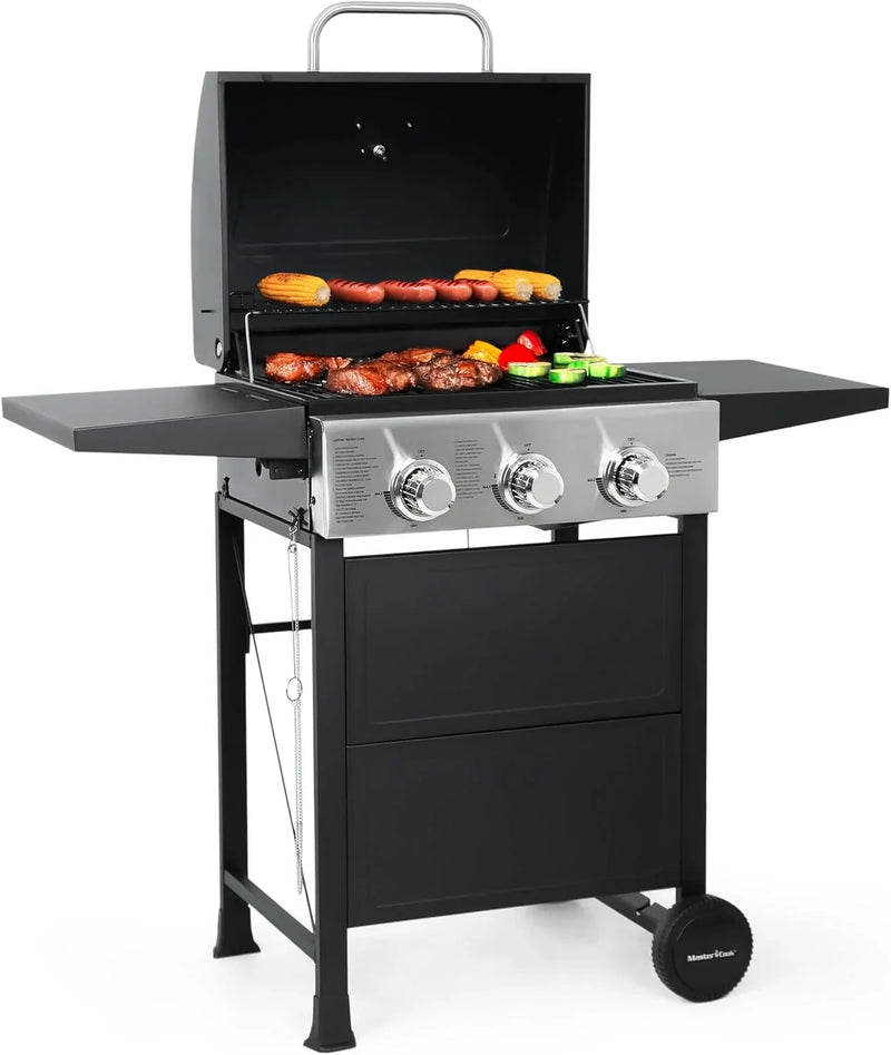 Burner BBQ Propane Gas Grill, Stainless Steel 30,000 BTU Patio Garden Barbecue Grill with Two Foldable Shelves A9