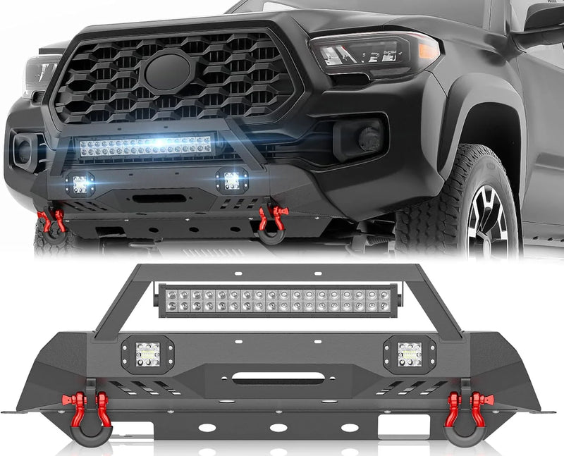 for Tacoma 3rd Gen Stubby Front Bumper Compatible with 2016 2017 2018 2019 2020 2021 2022 2023 Toyota Tacoma with Skid Plate, Winch Plate, License Plate Frame, LED Lights & D-rings, Black I5