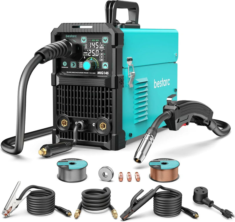 145A MIG Welder, 110V/220V Dual Voltage Gas/Gasless Flux Core MIG Welder/Lift TIG/Stick 3 in 1 Synergic MIG145 9GEN Welding Machine, Flux/Solid Welder Digital Screen Display X5