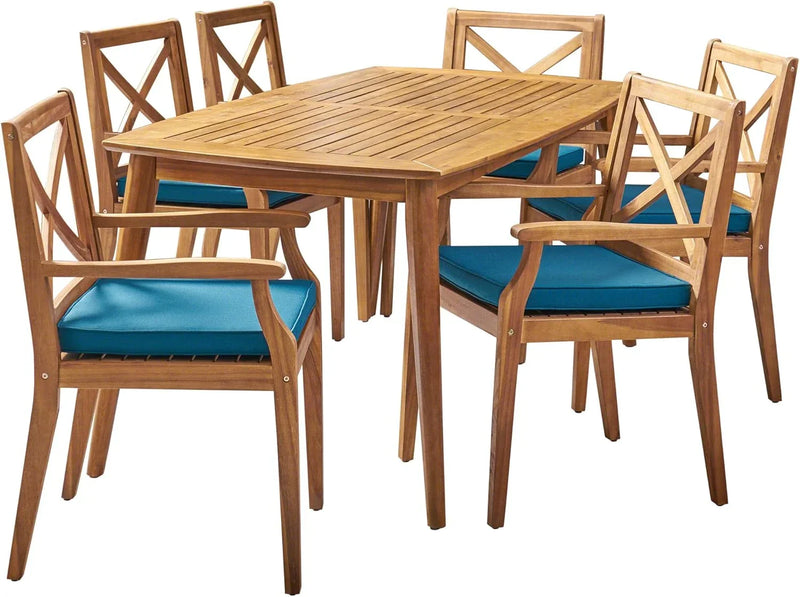 7-piece cherry wood dining set, teak surface / blue N5