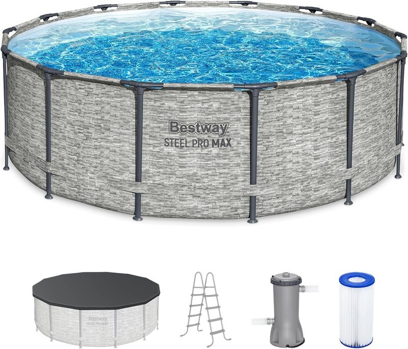 Above Ground Swimming Pool w/ Pump, Cover, & Ladder, 14' x 48", Steel Pro MAX, Gray - Backyard Outdoor Round Pool w/ Filter, 42-Inch Deep Water G9