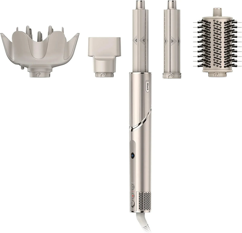 Powerful hair dryer and multi-functional styling tool, featuring automatic hair curler, paddle brush, oval brush, concentrator accessory and stones. H7