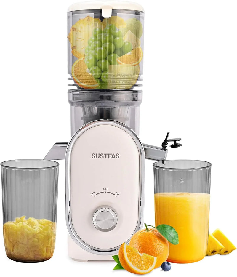 Cold press juicer, 5.3-inch feed opening, slow-speed mixing type machine, power 300 watts, capable of extracting whole fruits and vegetables, easy to clean, high juice output, white appearance V8