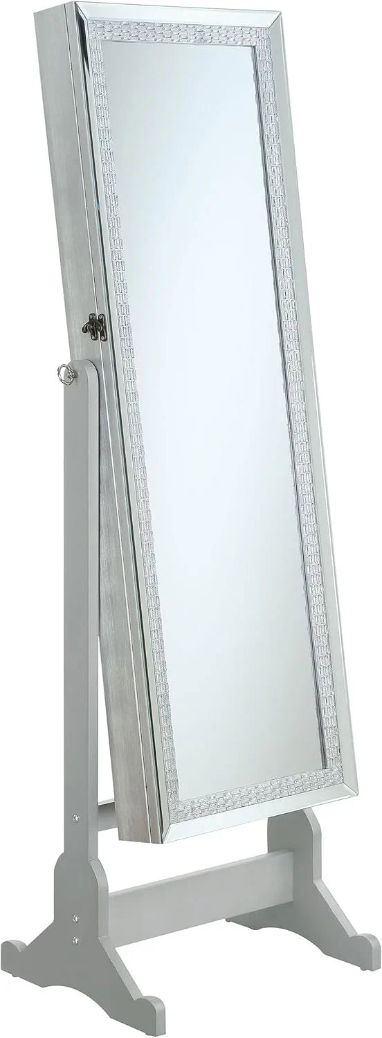 Mounted-style mirror cabinet, featuring jewelry storage function, with a design allowing the entire length to be tilted, rectangular shape - bedroom - silver color E5