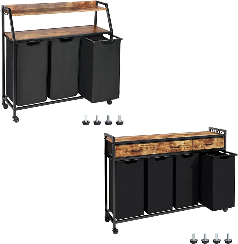 Two Laundry Hamper, Rolling Laundry Sorter with Wheels, 4 × 14.5 Gal (55 L), Pull-Out and Removable Laundry Bags, for Laundry Room, Rustic Brown D3
