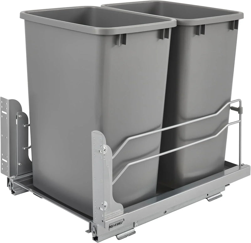 A double pull-out trash can suitable for the bottom of kitchen cabinets, with a capacity of 35 ounces (approximately 0.875 gallons), equipped with a gentle closing sliding mechanism, and in the color of Orison Gray. P6