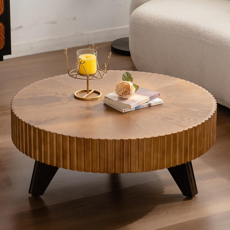 35" Contemporary Round Coffee Table, Coffee Tables Blending Traditional Decor, Solid Wood Center Table for Living Room, Natural H9