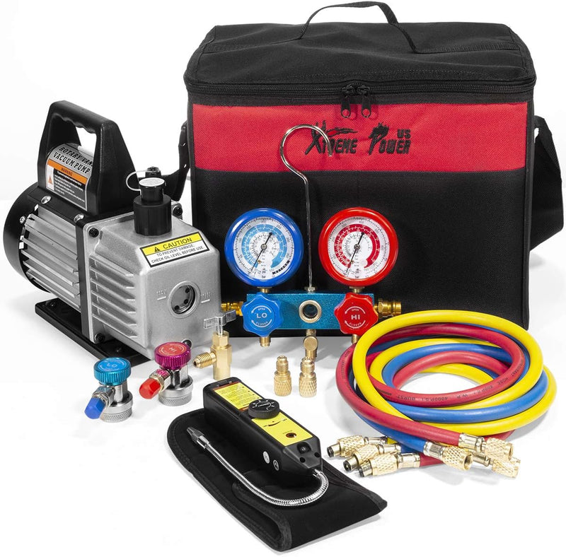 Premium 4CFM Air Vacuum Pump HVAC A/C Refrigeration Kit AC Manifold Gauge Case Set R134a Tap w/Leak Detector and Carrying Tote Bag U8