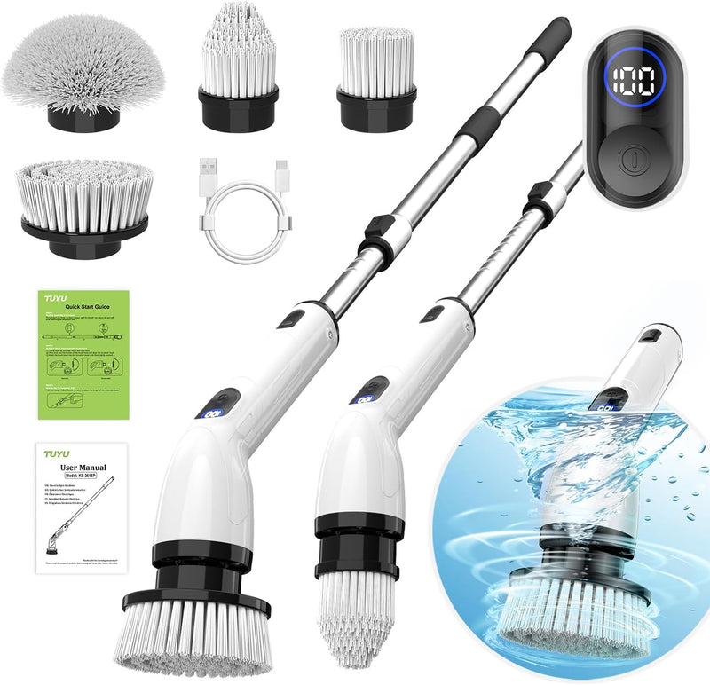 Electric Spin Scrubber, Full-Body IPX7 Waterproof Bathroom Scrubber with Power LCD Display, Adjustable Extension Handle, Cordless Shower Cleaner Brush for Bathtub Kitchen Wall Cleaning K1