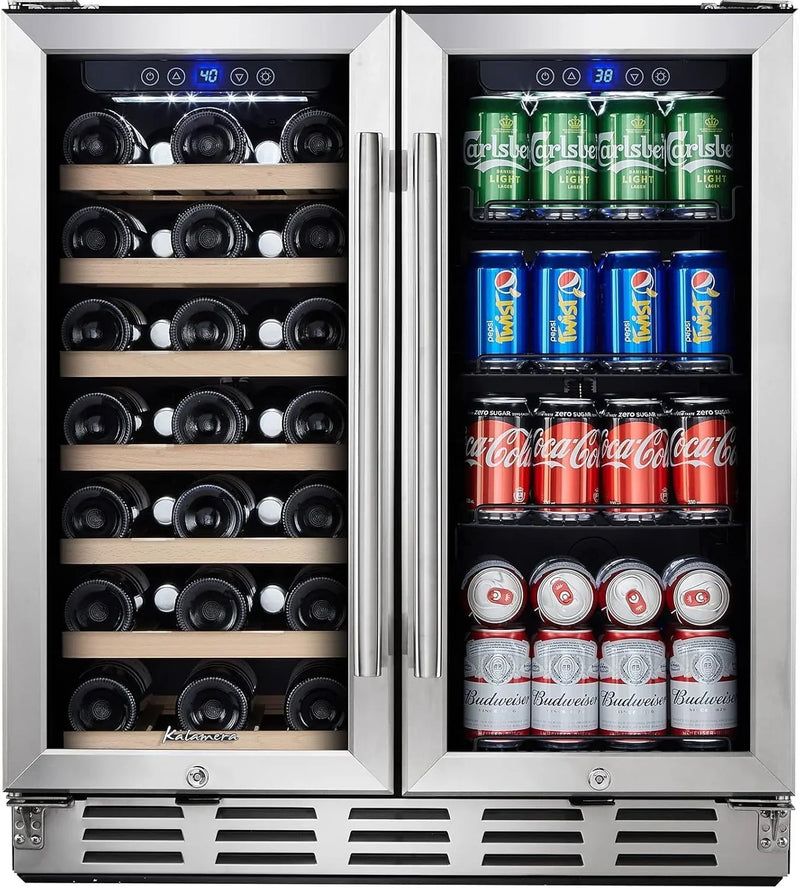 24 inch Wine Cooler, 46 Bottle - Dual Zone Built-in or Freestanding Fridge with Stainless Steel Reversible Glass Door, for Home, Kitchen, or Office. L1