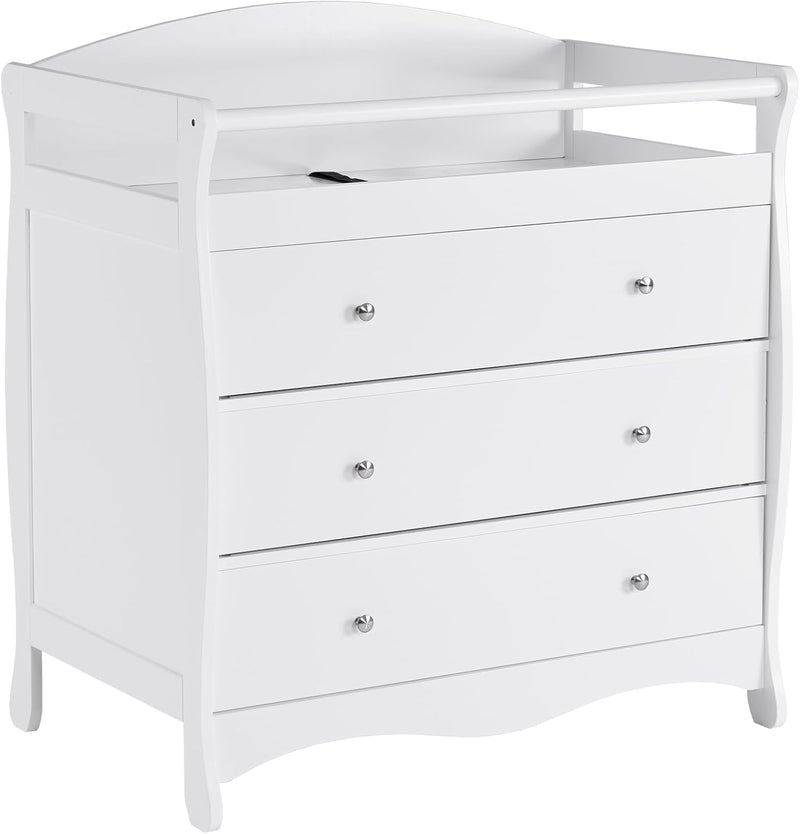 Changing Table Dresser Baby Diaper Changing Station Infant Nursing Table with 3 Drawers, Safety Rail & Strap for Bedroom, Nursery, White W4