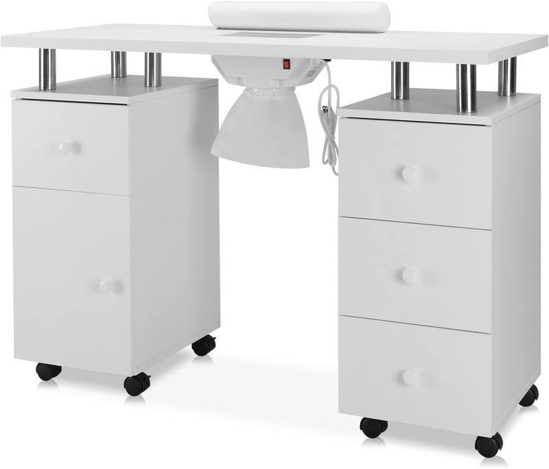 Manicure Table Nail Desk for Nail Tech w/Electric Dust Collector & Wrist Rest, Acetone Resistant Top Beauty Salon Nail Supplies Decor Station w/Lockable Wheels, Cabinet, Drawer (White) E9
