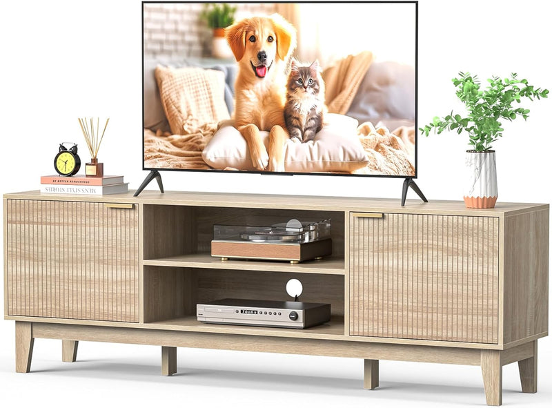 70" TV Stand for Living Room, Fluted Mid-Century Modern TV Console for TVs up to 80 inch, Farmhouse Entertainment Center with 2 Storage, Media Console Table for Living Room, Oak E5