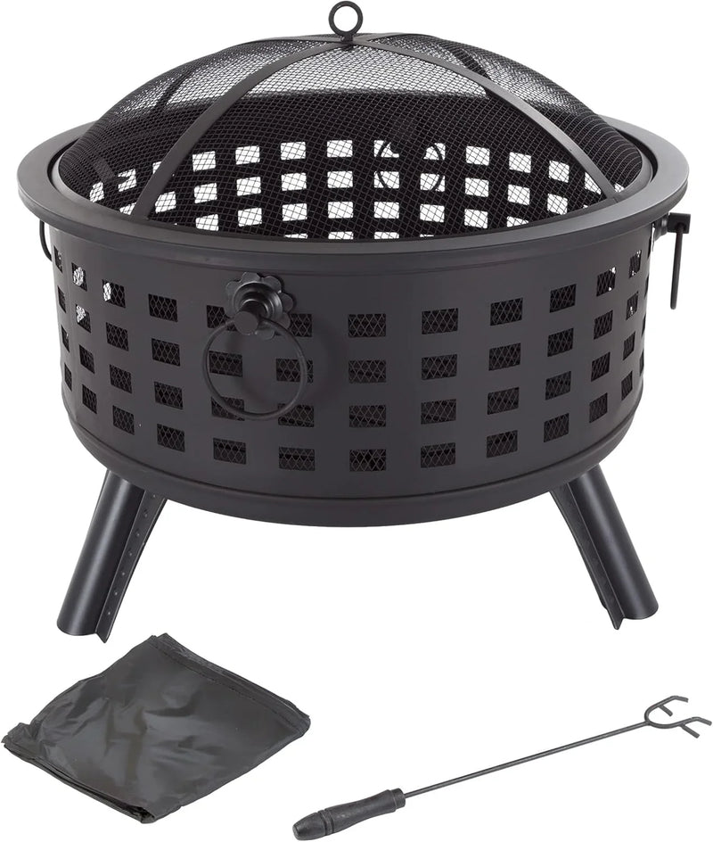 Outdoor Fire Pit - 26-Inch Round Lattice Wood Burning Firepit with Screen, Poker, Grate and Cover - Wood Fire Pits & Outdoor Fireplaces by Pure Garden Q6