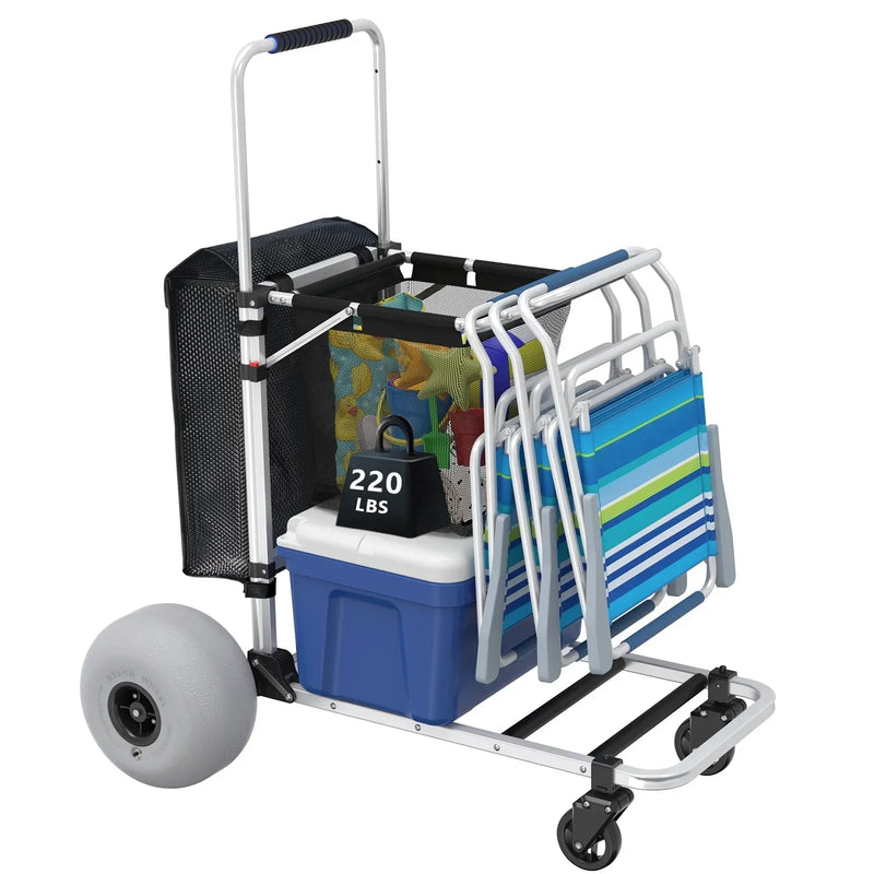 Foldable Beach Cart with Adjustable Handle and 12" Balloon Wheels, Heavy Duty Aluminum 220LBS Capacity R3