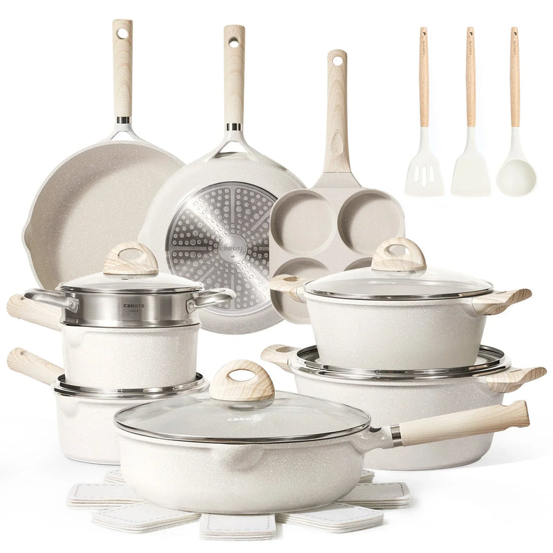 Carote Non Stick Pots and Pans Set, 21 Pcs Induction Kitchen Cookware Sets (Beige Granite) X4