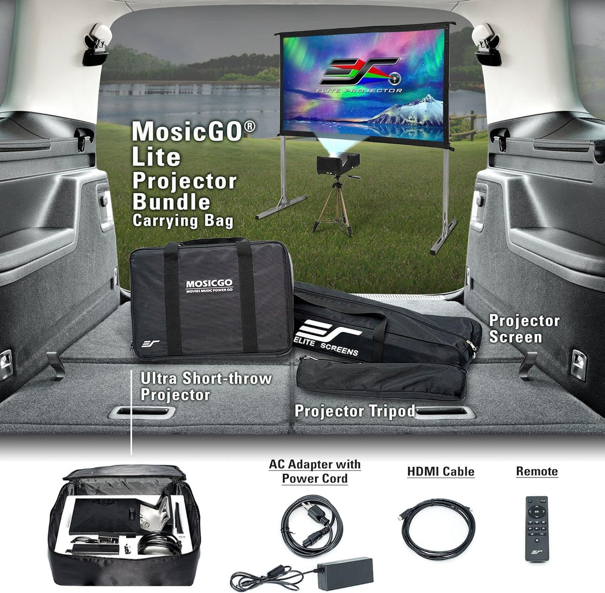 Projector ultra-short focal length portable outdoor family courtyard movie night projector, waterproof projector, 1080p resolution, 1500 lumens, supports Bluetooth and built-in battery, compatible with iOS TV platform