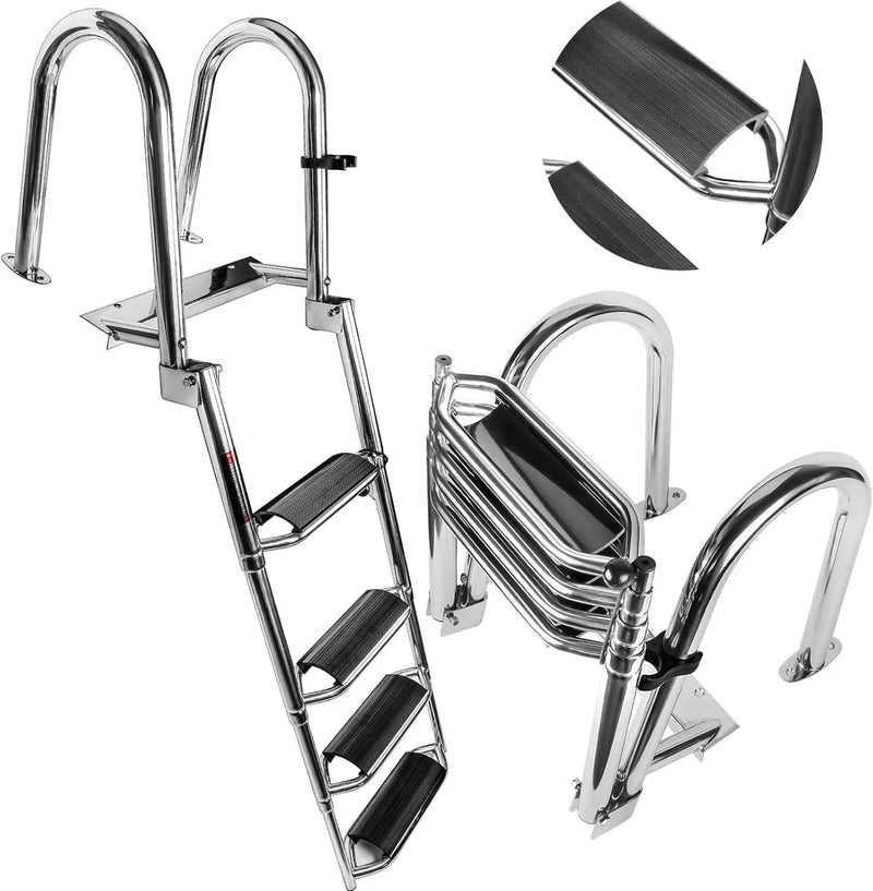4 Steps Telescoping Boat Ladder Reinforce Dock Ladder Heavy Duty Swim Deck Ladder with Hand Railings and Extra Wide Steps C6