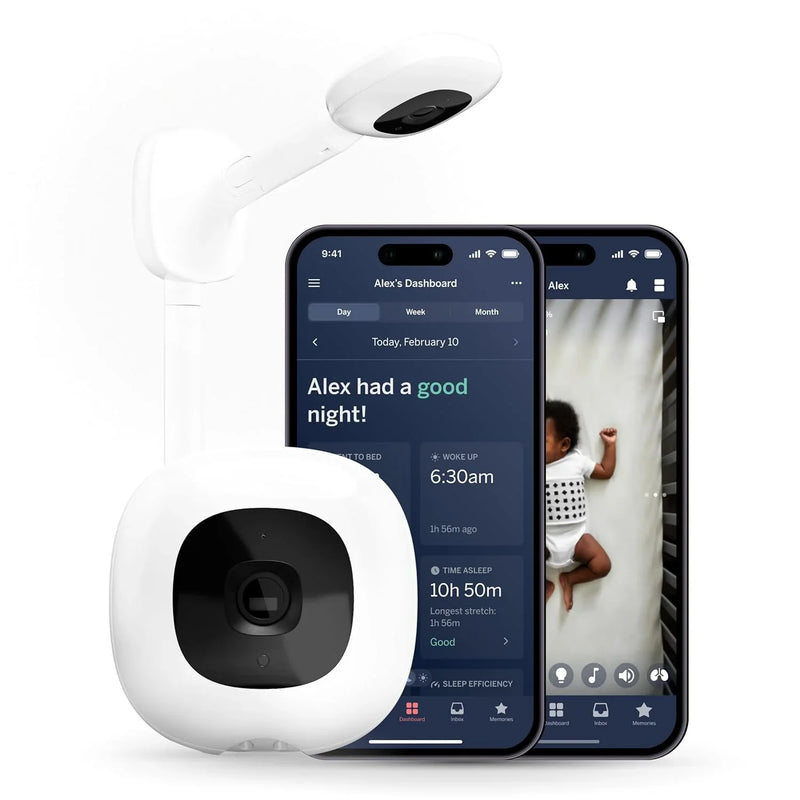 Smart baby monitor and wall-mounted device - 1080p security Wi-Fi video camera, sensor-free sleep and breathing motion tracker, two-way audio, sound and motion alerts, night vision function, breathing band - white V8