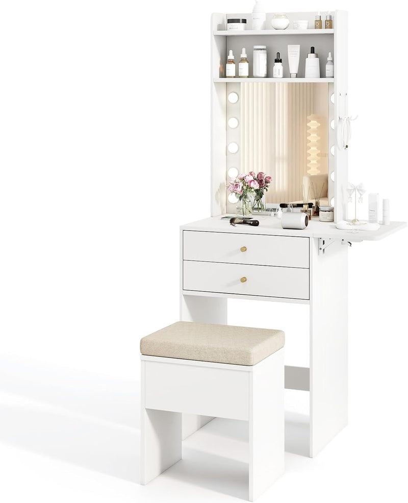 Small Vanity Desk with Mirror and Lights, Makeup Vanity Table with Charging Station, Drawers, Shelves, Foldable Side Table, Compact Dressing Table with Storage Chair for Small Space (White) Q6