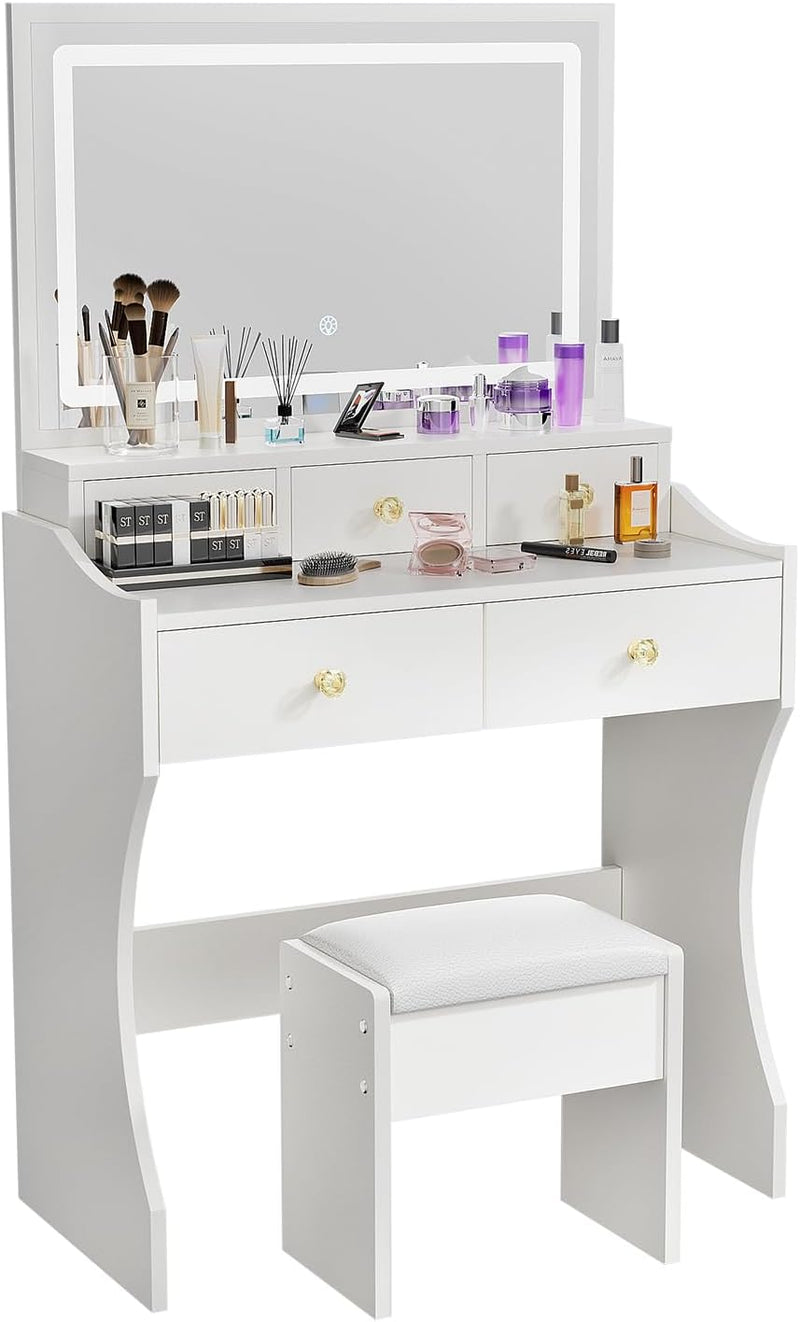 Makeup Table with Extra Large Mirror and Lights, 80cm Dressing Table with Stool F7
