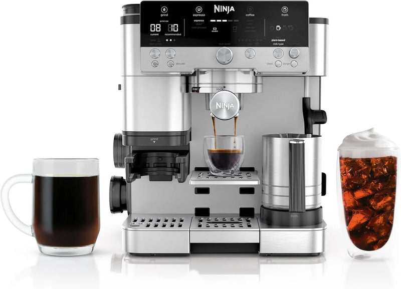 Italian coffee machine, drip coffee machine, rapid cold brew coffee machine, integrated grinder, hand-free milk frother, equipped with a strike plate, water filter, cleaning sheet, descaling agent K7